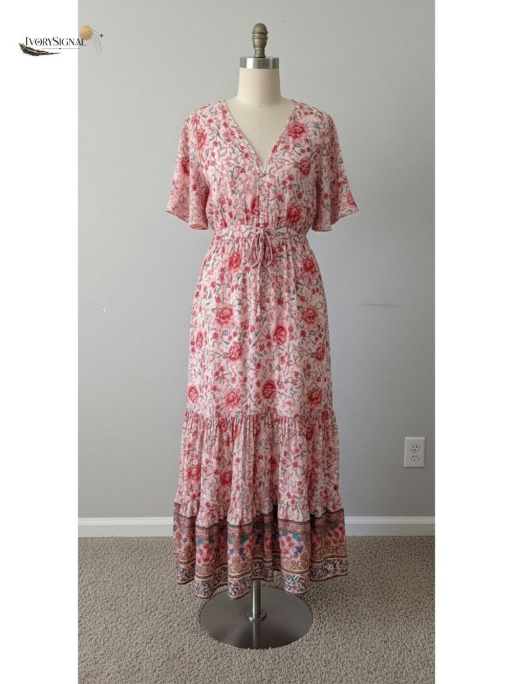 Womens V Neck Floral Print Boho Midi Dress Rayon Cotton Ruffle